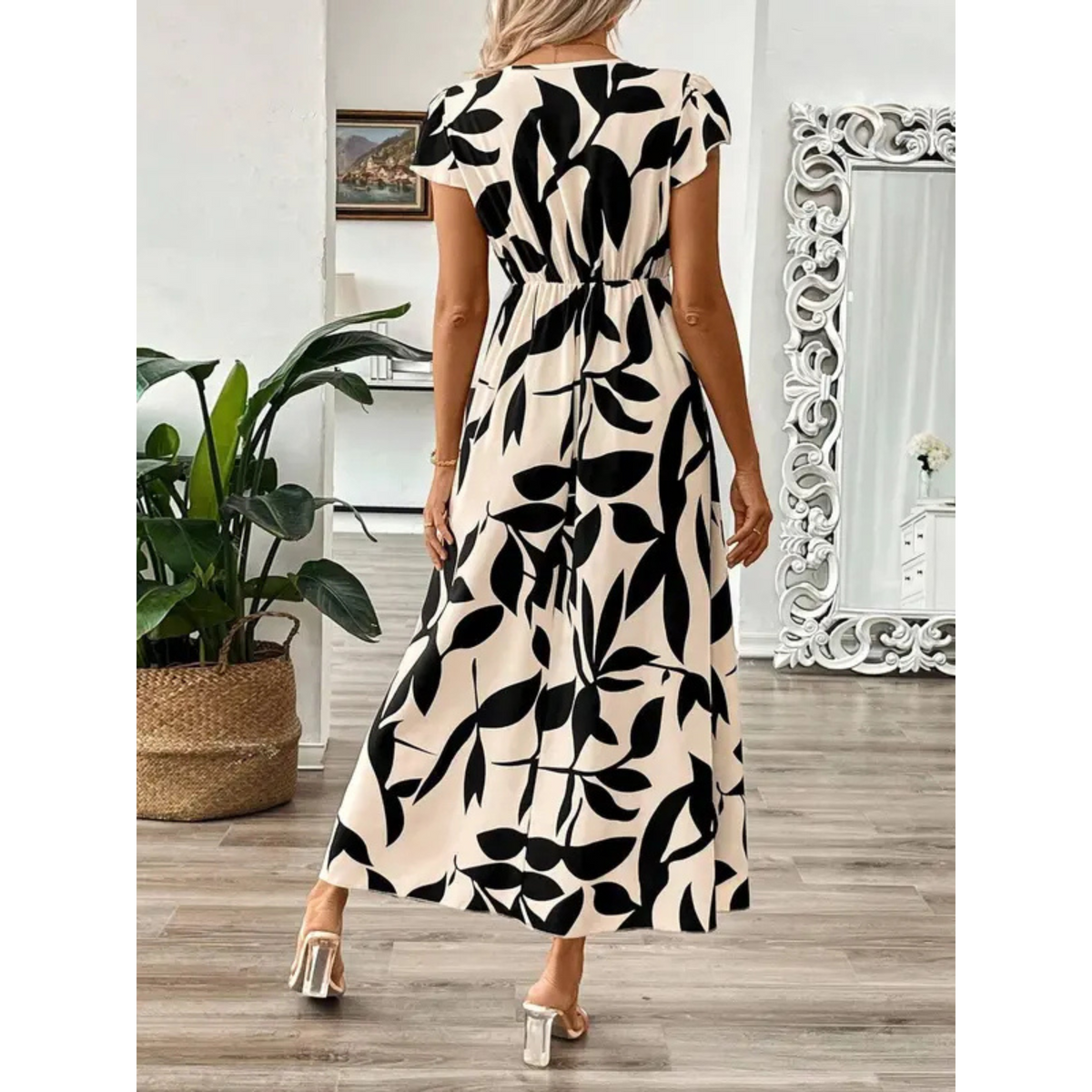 Floral Print V-Neck Cap Sleeve Fit and Flare Maxi Dress 4