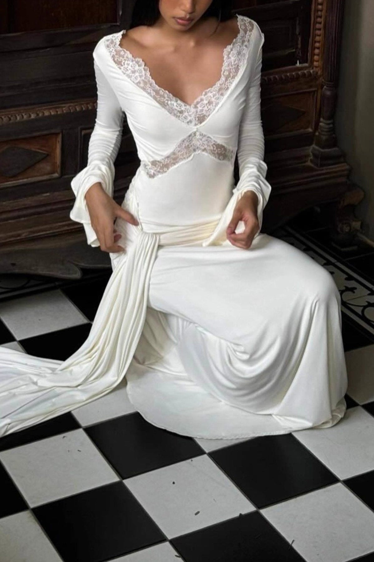 Lace Patchwork Flare Sleeve Tie up Maxi Dress - View 3