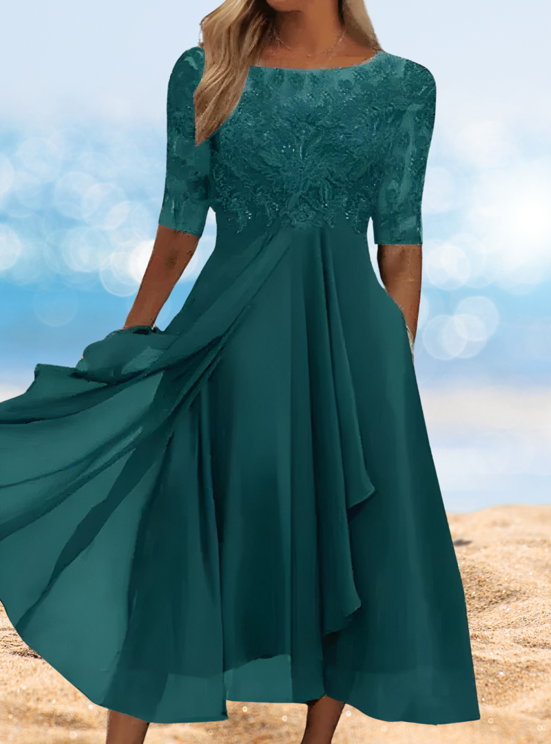 Floral Lace Illusion Scoop Neck Mesh Sleeve A-Line Midi Dress - View 6