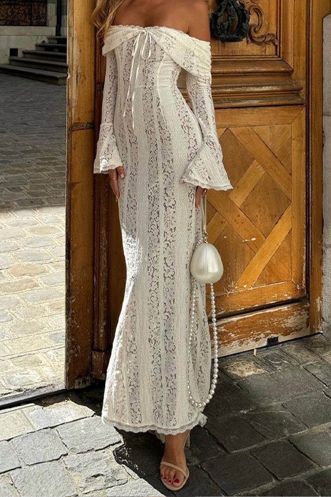 Matilde Statement Lace Wide Flared Sleeve Off Shoulder Dress - View 8