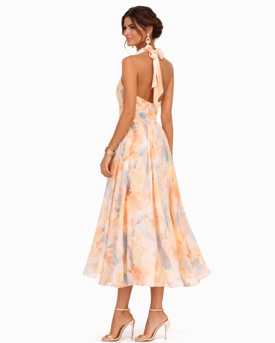 Floral Print Halter Neck Ruched Waist Pocket A-Line Maxi Dress 5
