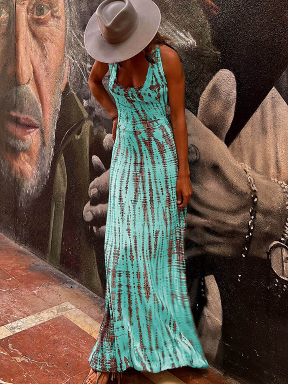 Tie - dye Print Back Lace - up Stretch Maxi Dress - View 12