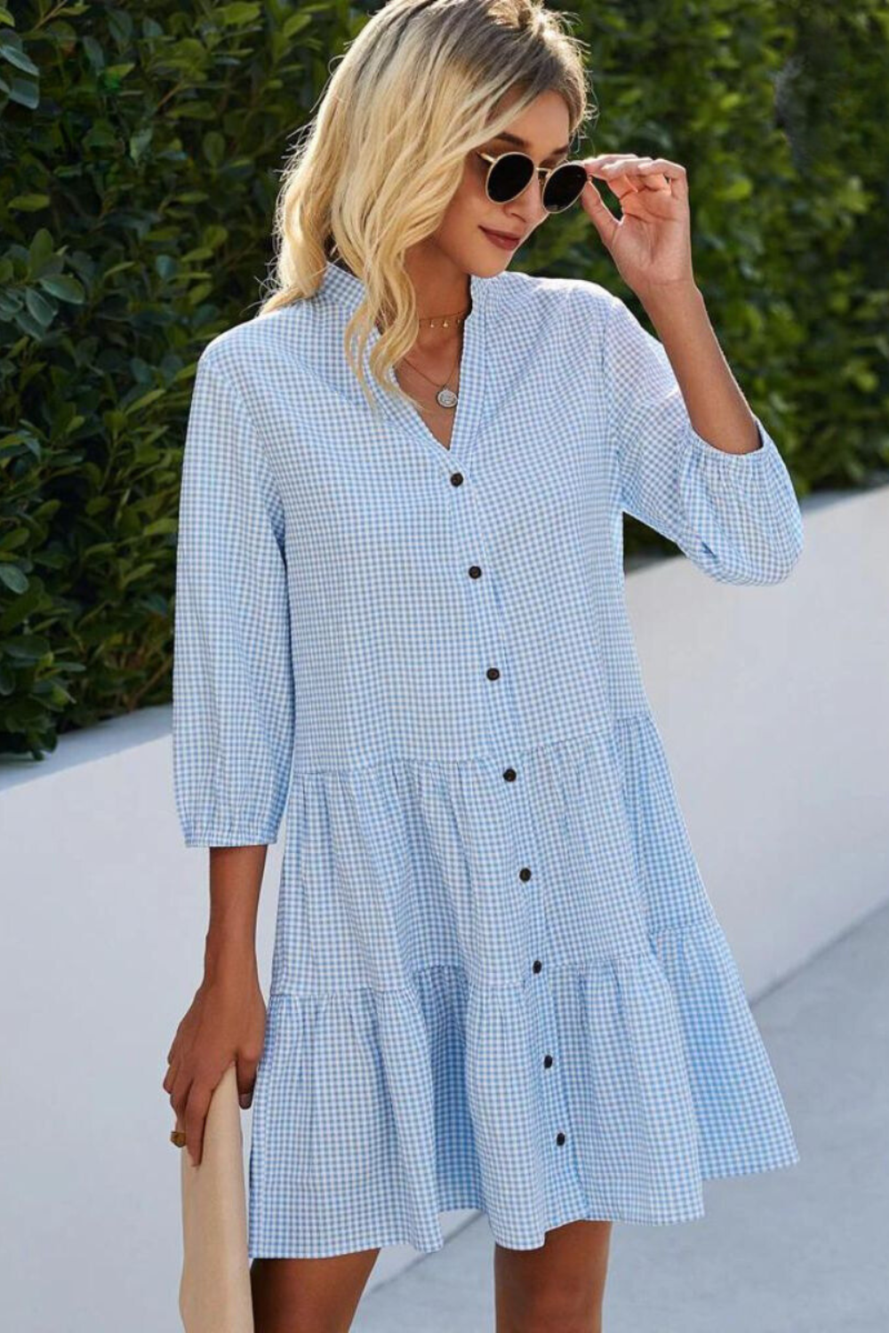 Gingham Check V-Neck Mandarin Collar Button Front Tiered Mini Dress - View 4