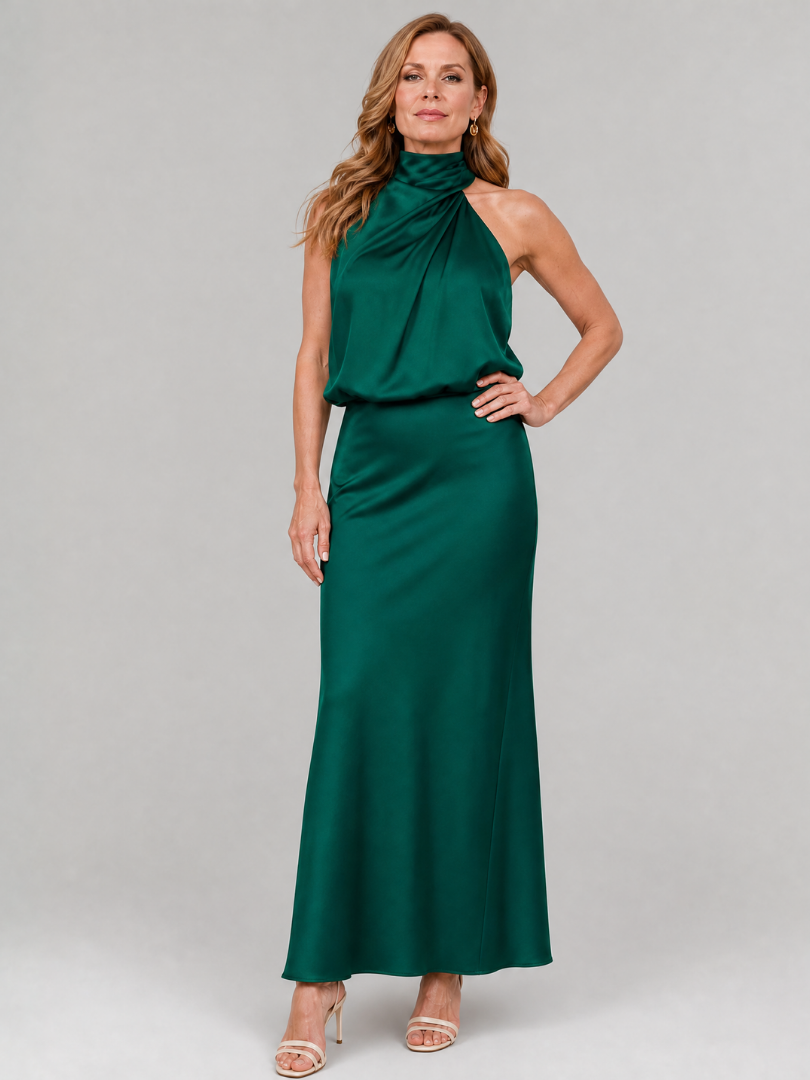 Halter Neck Draped Satin Maxi Gown 4