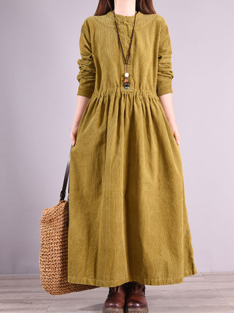 Corduroy Round Neck Button Front Long Sleeve A-Line Maxi Dress - View 4