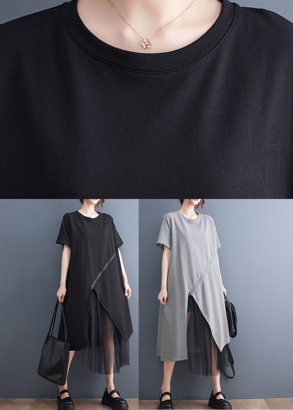 Diagonal Zip Mesh Layer Asymmetrical Hem Short Sleeve Midi Dress - View 4