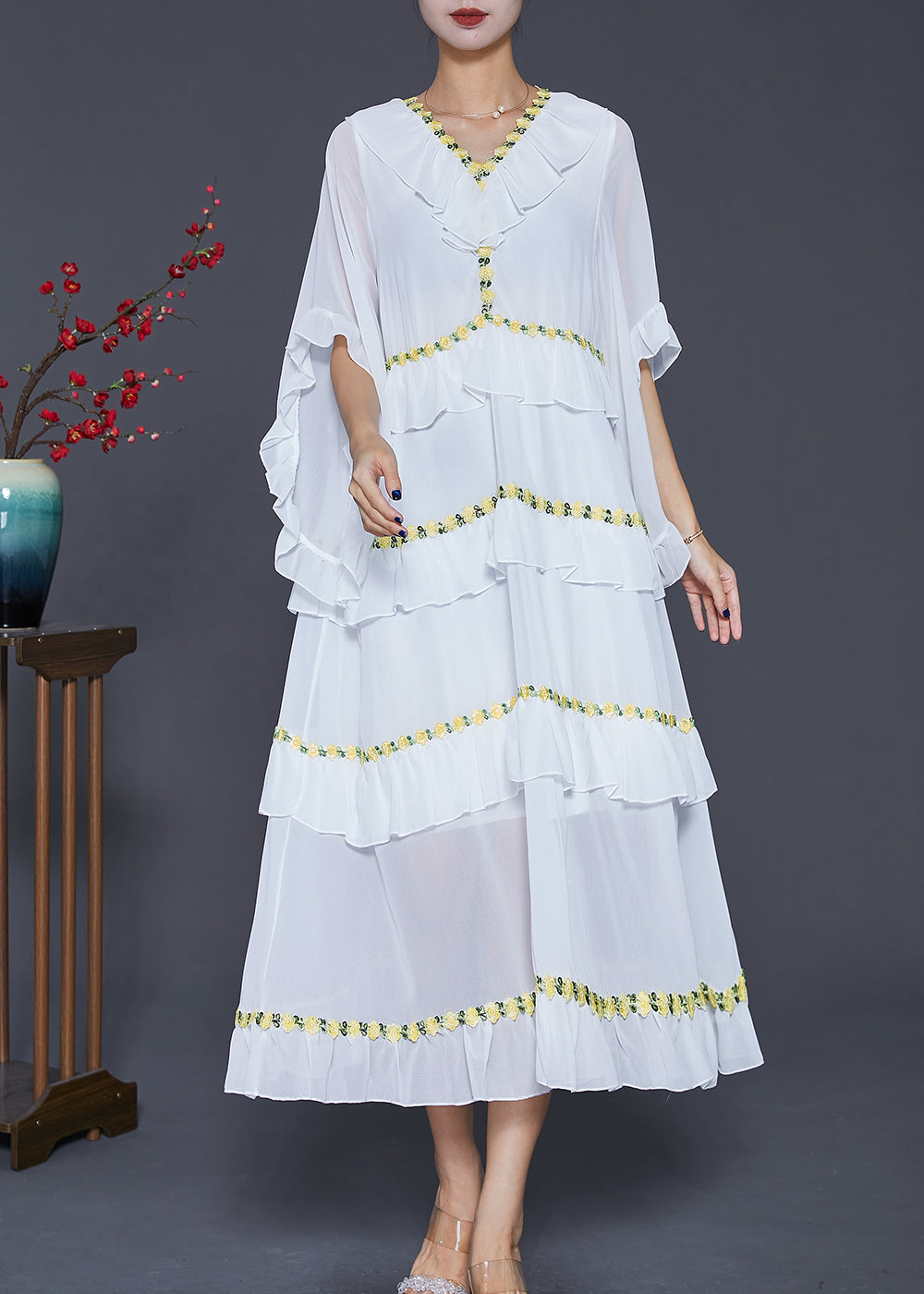 Chiffon V-Neck Ruffle Butterfly Sleeve Tiered Floral Maxi Dress - View 2