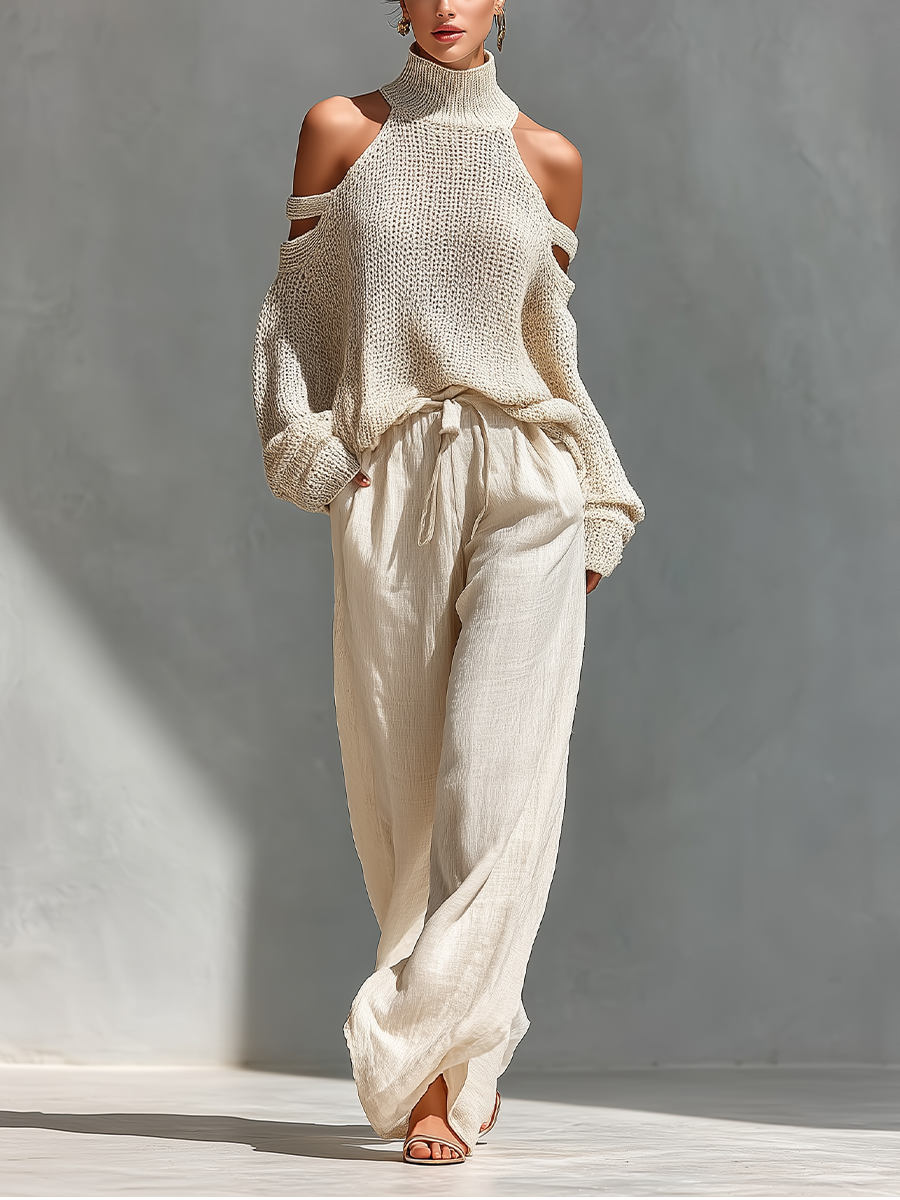 Cold Shoulder Turtleneck Knit Top and Wide Leg Pants Two Piece Set