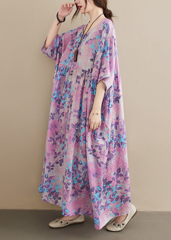 Botanical Print Round Neck Drop Shoulder Short Sleeve Maxi Dress - View 4