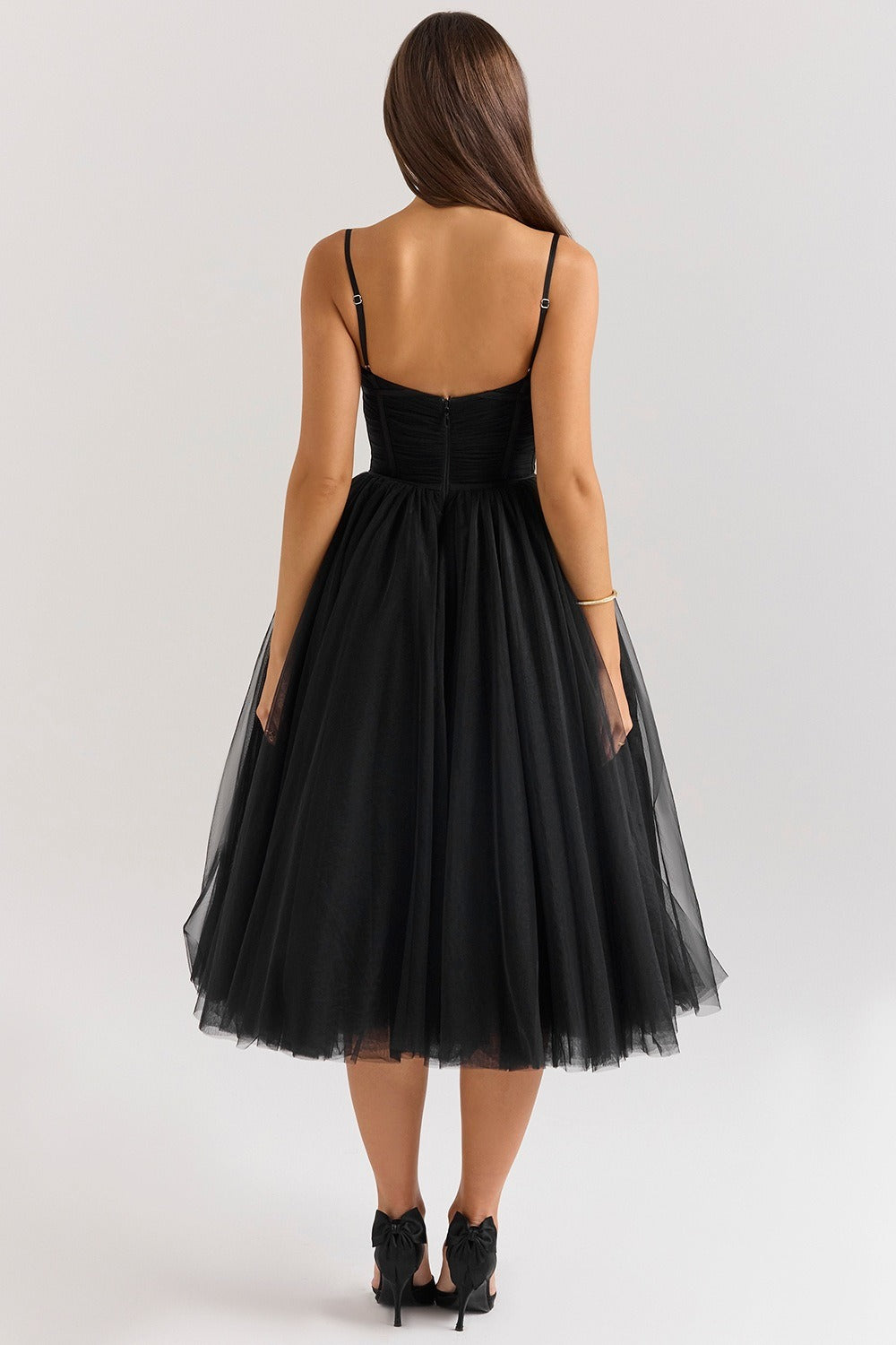 Tulle Sweetheart Spaghetti Strap Corset Fit and Flare Midi Dress - View 4