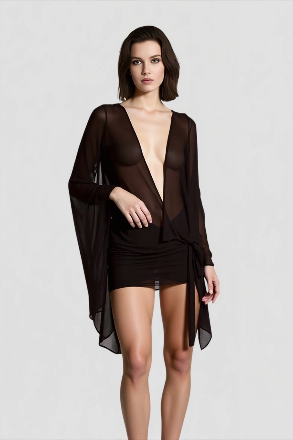 Mesh Irregular Bandage Low Neck Mini Dress in Black - View 3