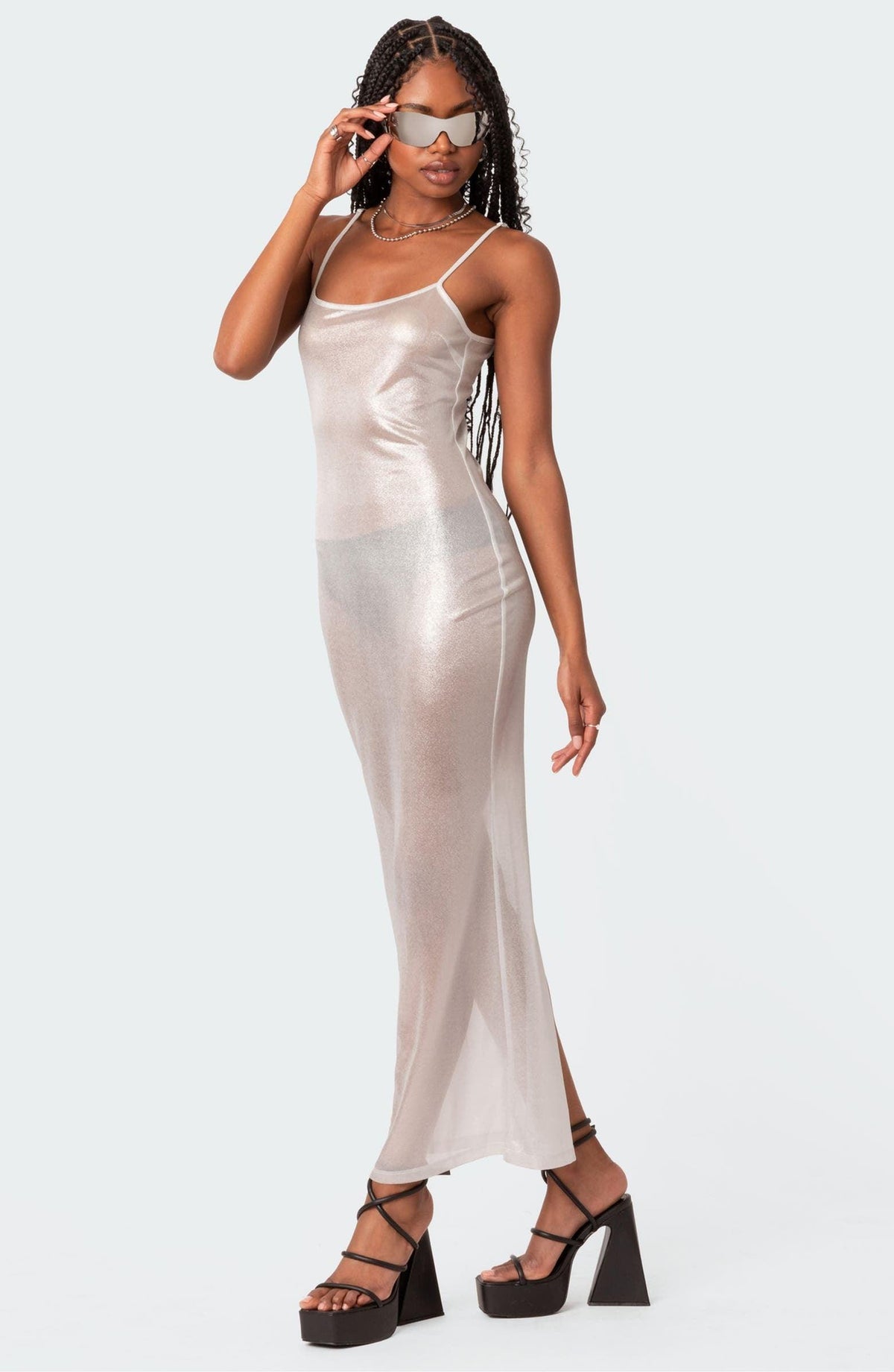 Mesh Metallic Sheer Spaghetti Strap Square Neck Bodycon Maxi Dress - View 10