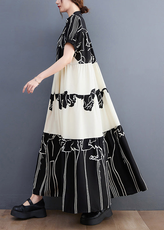 Graphic Print Tiered Mandarin Collar Short Sleeve Maxi Dress - View 3