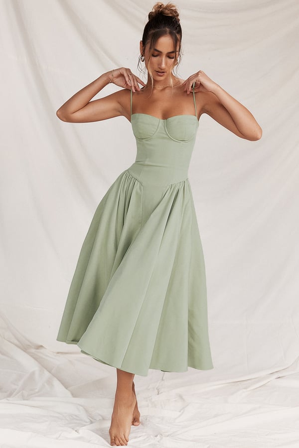 Spaghetti Strap Sweetheart Corset Fit and Flare Midi Dress