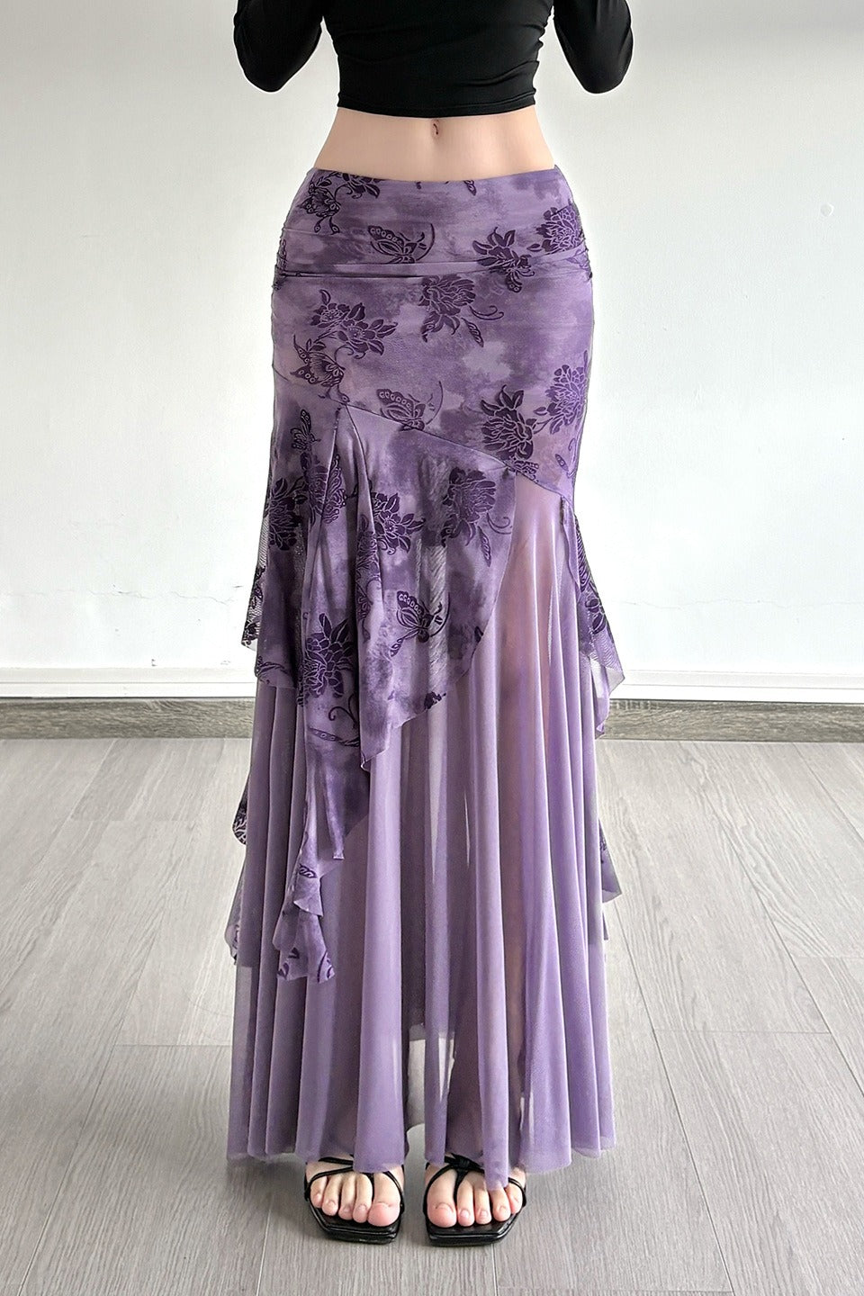 Vintage Floral Print Ruched Maxi Skirt