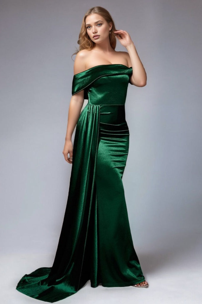 Solid Satin Off-Shoulder High-Waist Mermaid Silk Dress - View 3