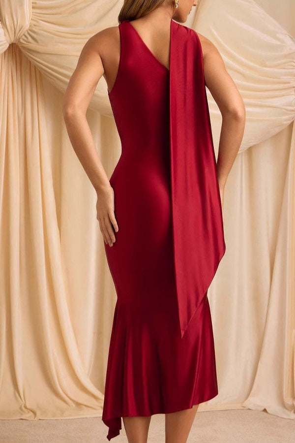 Satin One Shoulder High Neck Draped Sash Mermaid Bodycon Gown - View 5