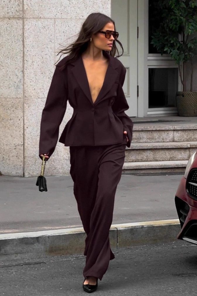 Office Waist Cinched Blazer Pants Two Piece Set