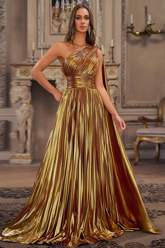 Satin One Shoulder Cape Ruched A-Line Maxi Gown