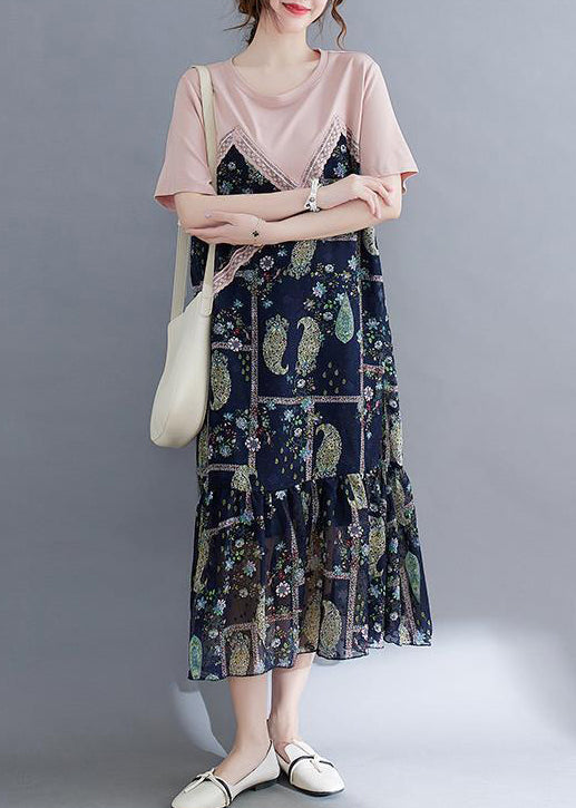 Faux Two Piece Paisley Patchwork Lace Trim Ruffle Hem Midi Dress - View 2