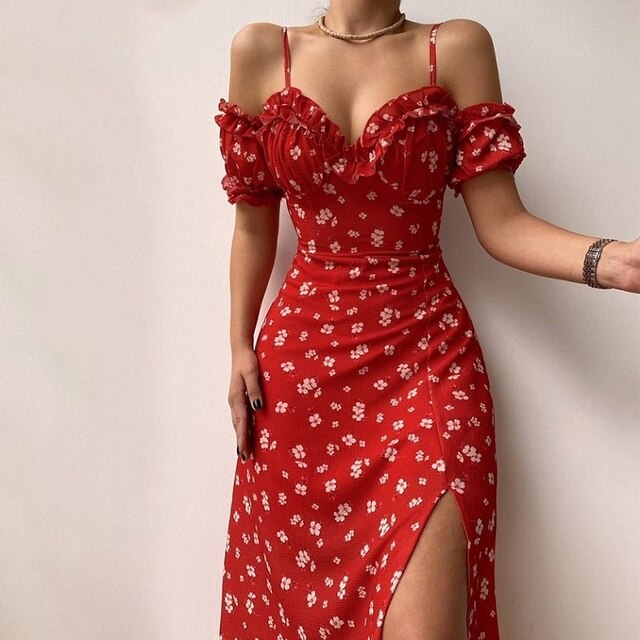 Floral Print Sweetheart Ruffle Cold Shoulder Midi Dress - View 2