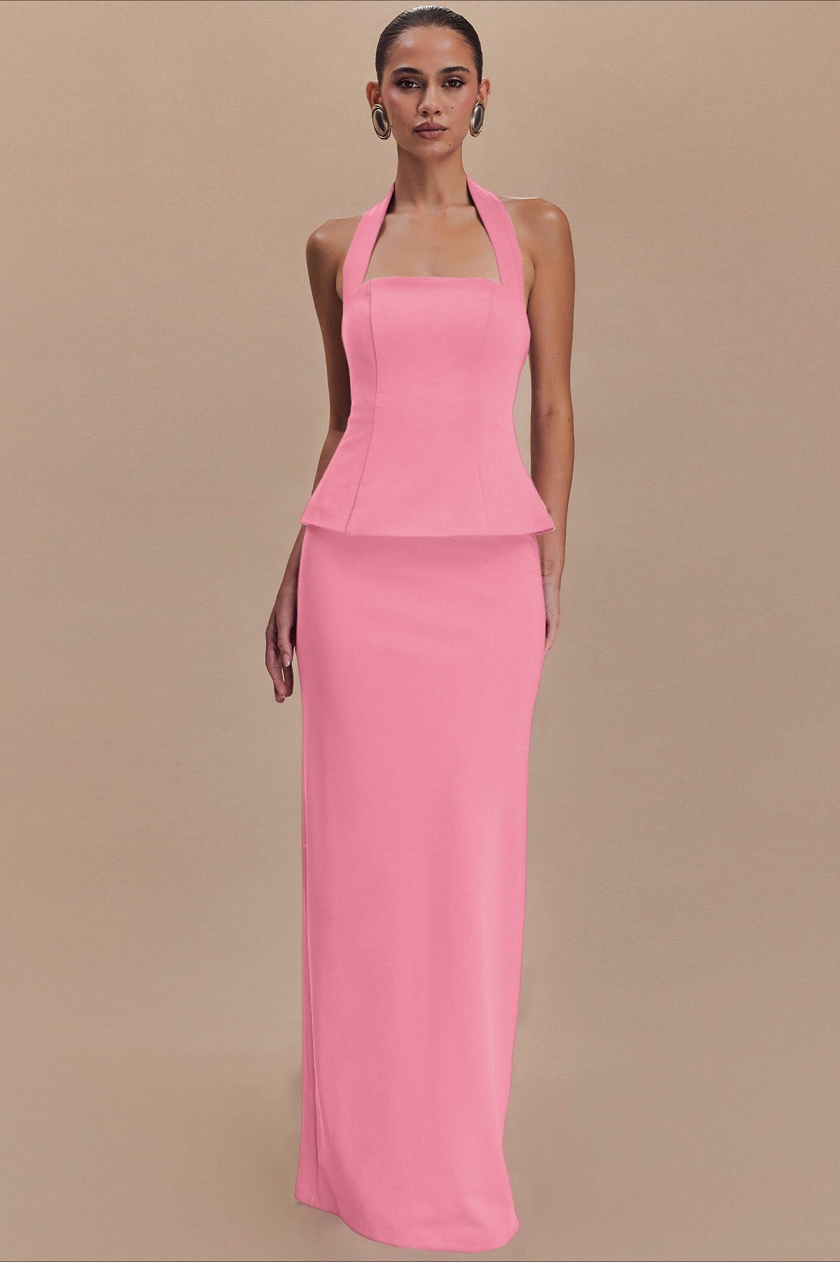 Halter Neck Backless Peplum Maxi Gown - View 10