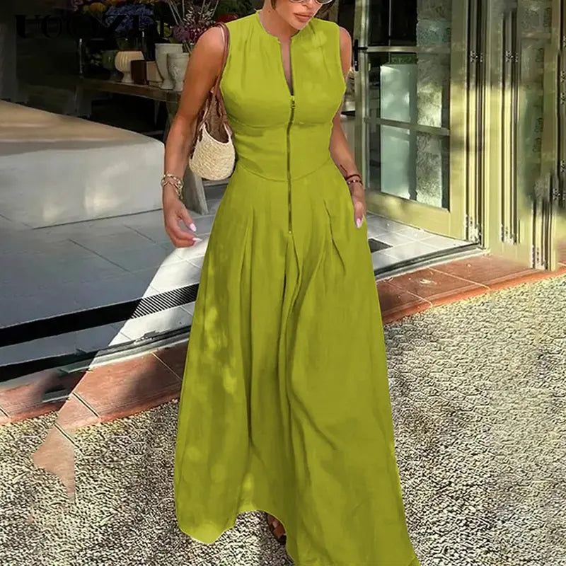 Zip Front Sleeveless Fit and Flare Maxi Dress