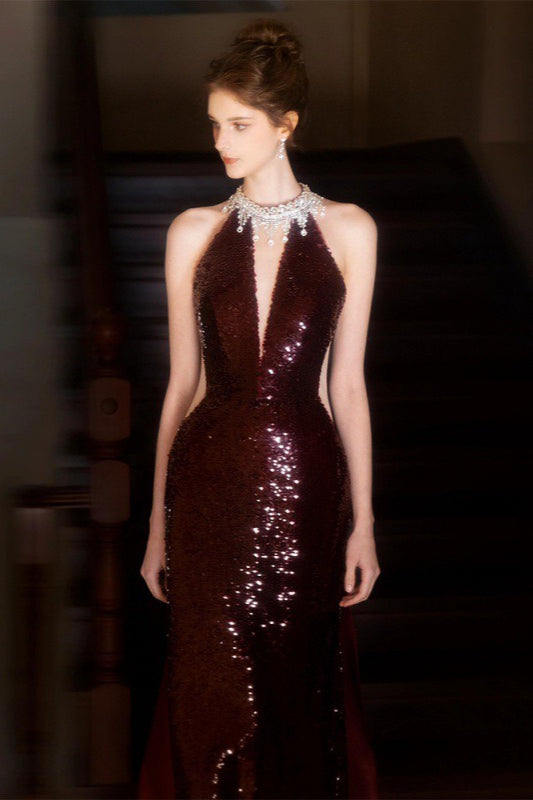 Sequin Halter Neck Plunge Backless Mermaid Gown - View 5