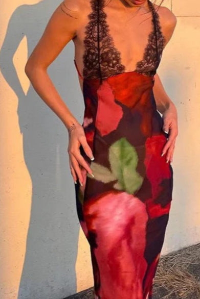 Floral Deep V-Neck Lace Trim Backless Bias Cut Slip Maxi Dress - View 7