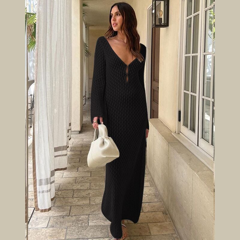 Crochet Deep V-Neck Bell Sleeve Fitted Maxi Dress - View 12