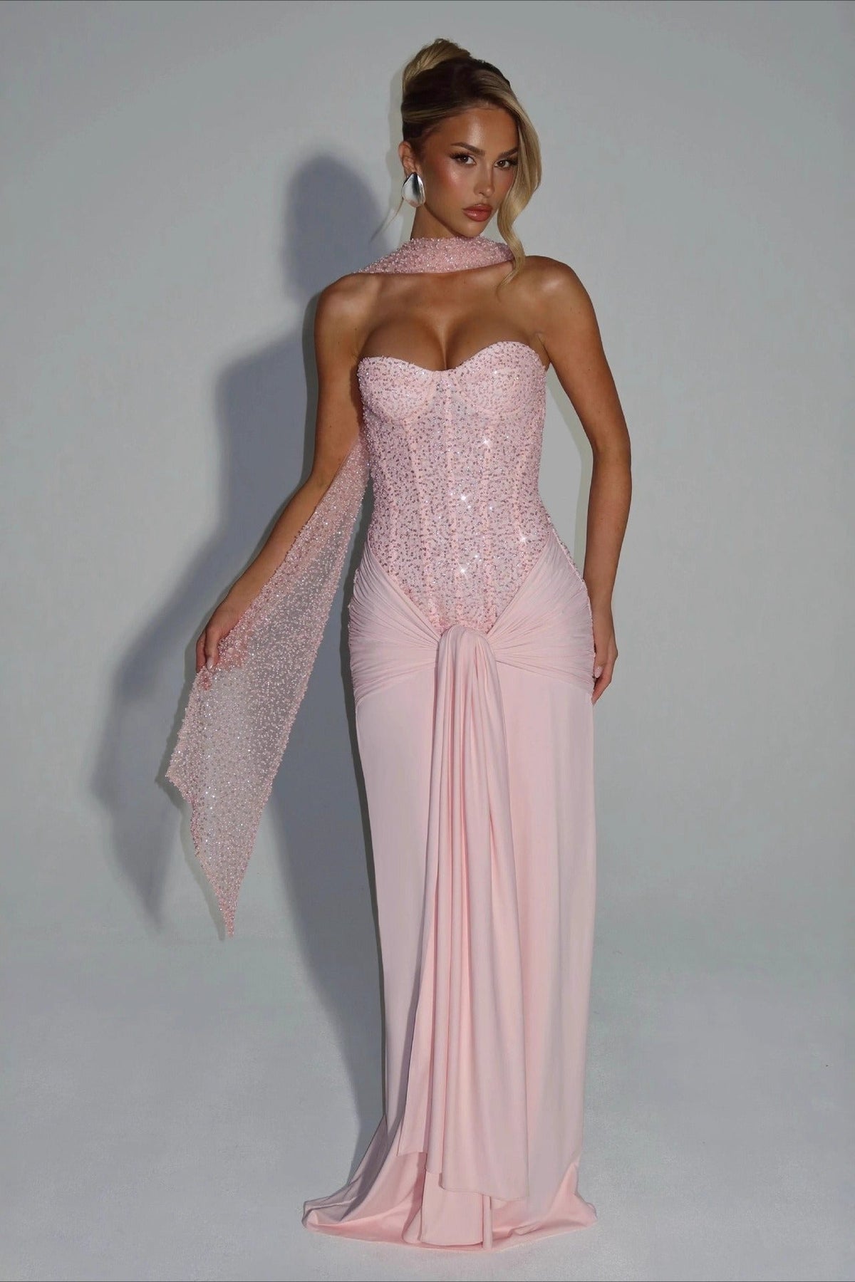Strapless Sweetheart Sequin Corset Draped Maxi Gown 5