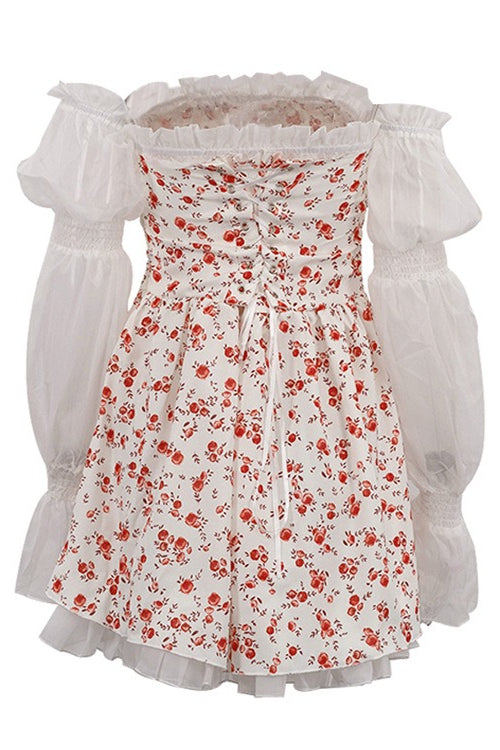 Off Shoulder Puff Sleeve Floral Print Fit and Flare Mini Dress - View 9