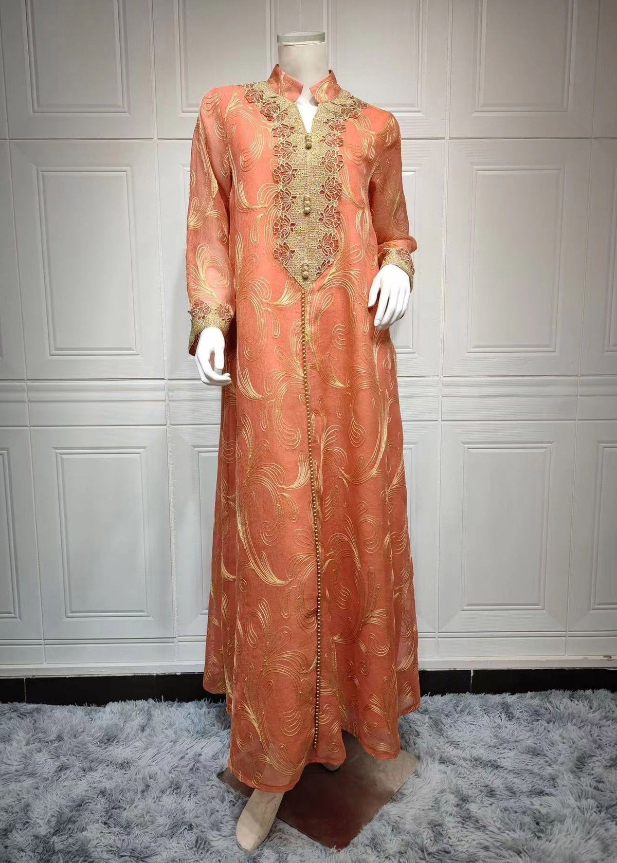 Embroidered Stand Collar Scroll Print Long Sleeve Maxi Dress - View 3