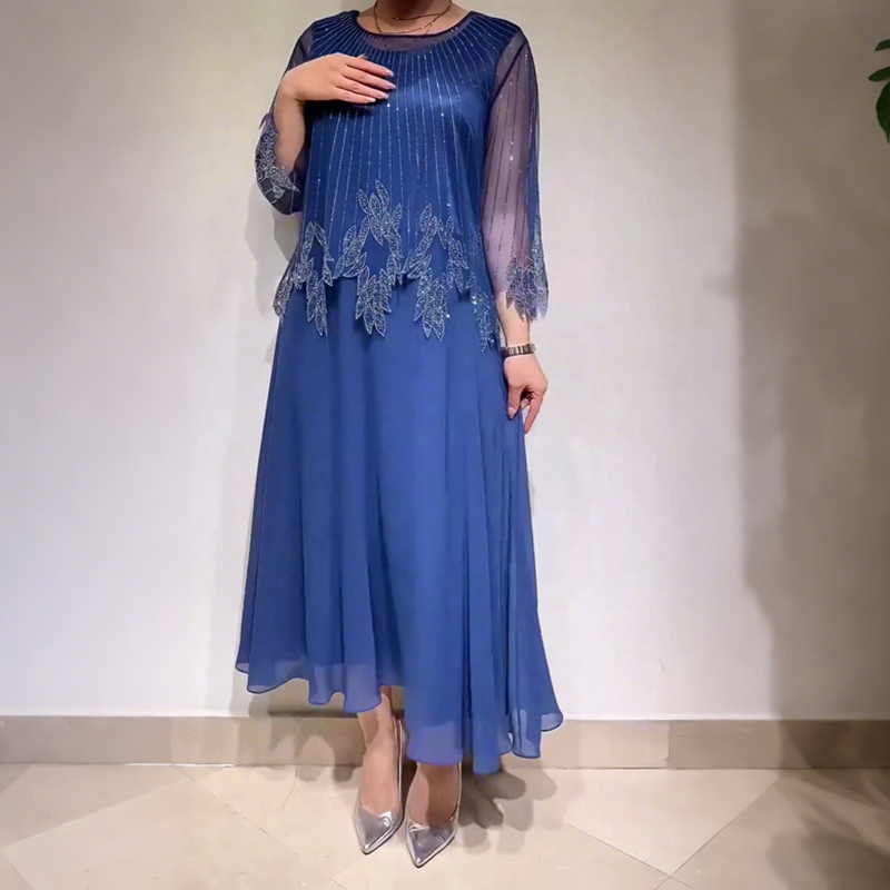 Embellished Sheer Long Sleeve Chiffon A-Line Midi Dress 5