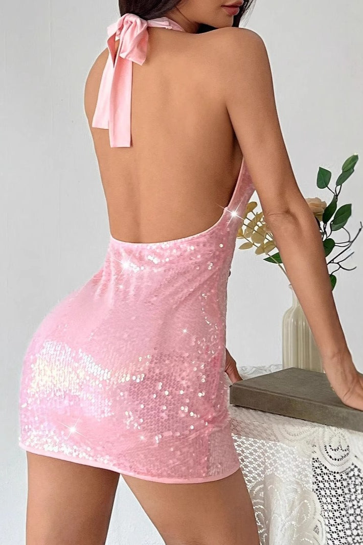 Sequin Halter Deep V-Neck Backless Bodycon Mini Dress - View 4