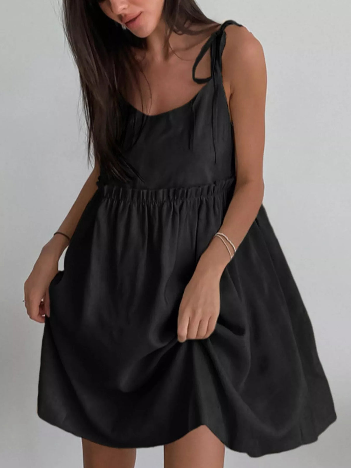 Tie Strap Scoop Neck Ruffle Waist Linen Look Mini Dress 20