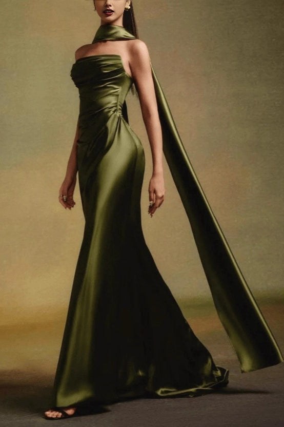 Satin Strapless Ruched Scarf Mermaid Gown - View 2