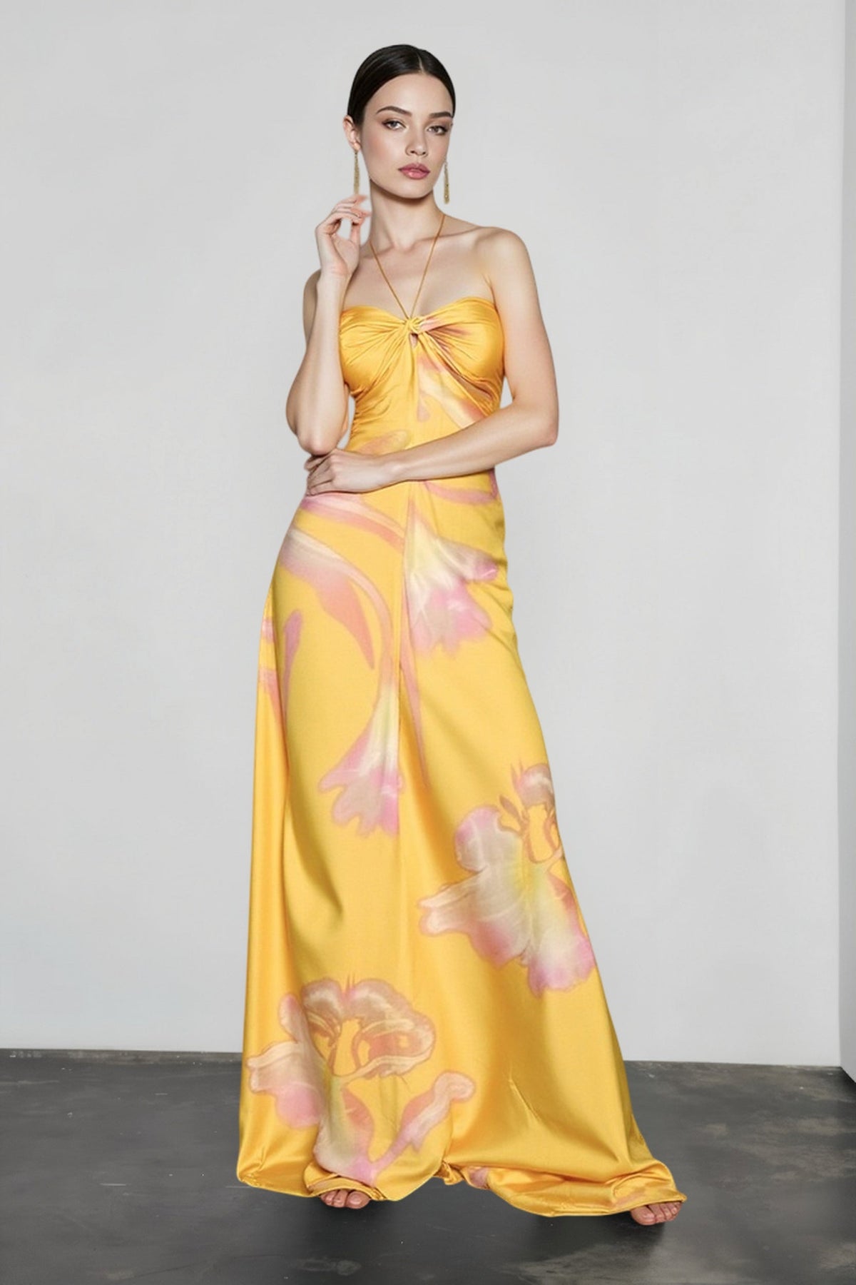 Halter Neck Twist Front Floral Print Satin Maxi Dress