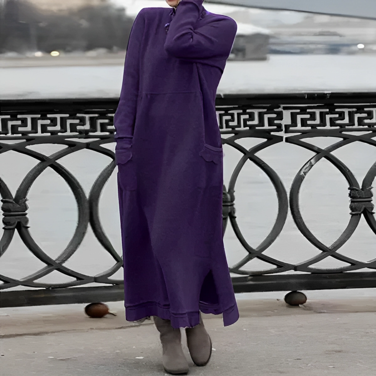 Knit Mock Neck Long Sleeve Scalloped Pocket Distressed Hem Maxi Dress - View 5