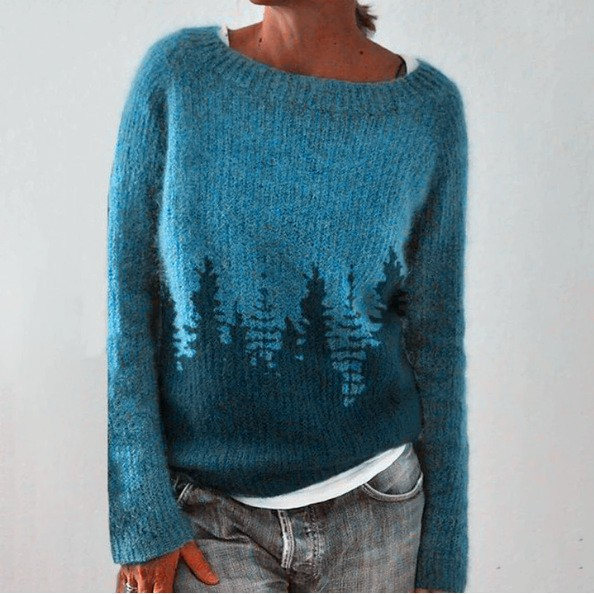 Boat Neck Long Sleeve Forest Tree Knit Sweater 2