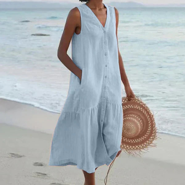 V-Neck Button Front Sleeveless Tiered Pocket Shift Midi Summer Dress - View 6