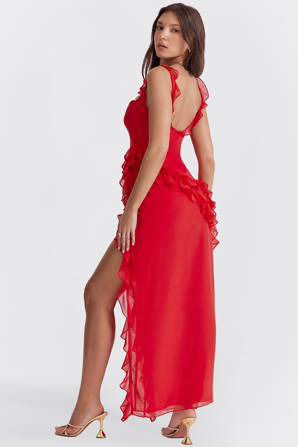 Chiffon Square Neck Ruffle Strap High Split Maxi Gown 56
