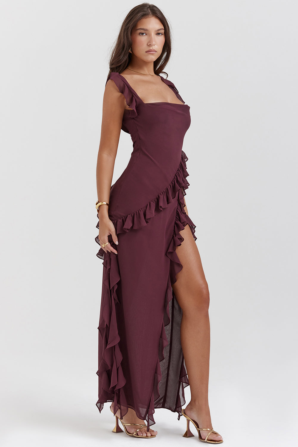 Chiffon Square Neck Ruffle Strap High Split Maxi Gown - View 11