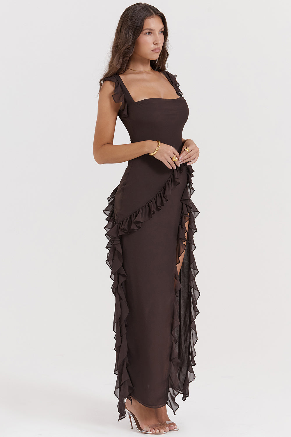 Square Neck Ruffle Strap High Split Ruffle Trim Maxi Gown 29