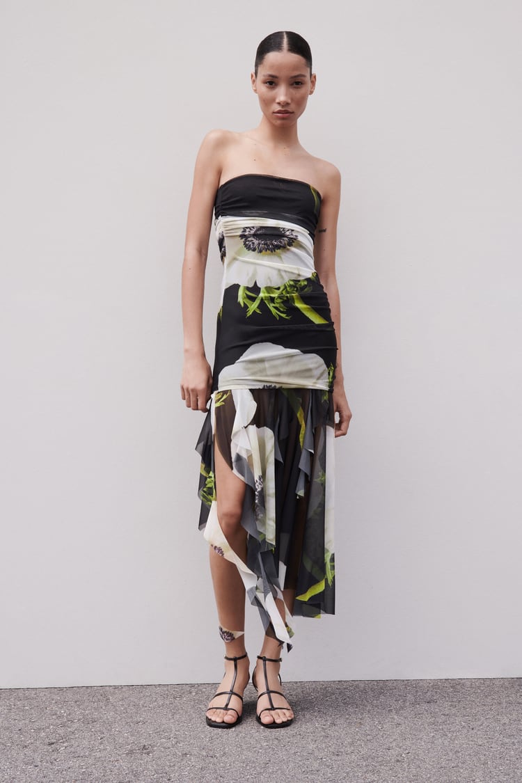 Floral Print Mesh Strapless High Low Midi Dress - View 2