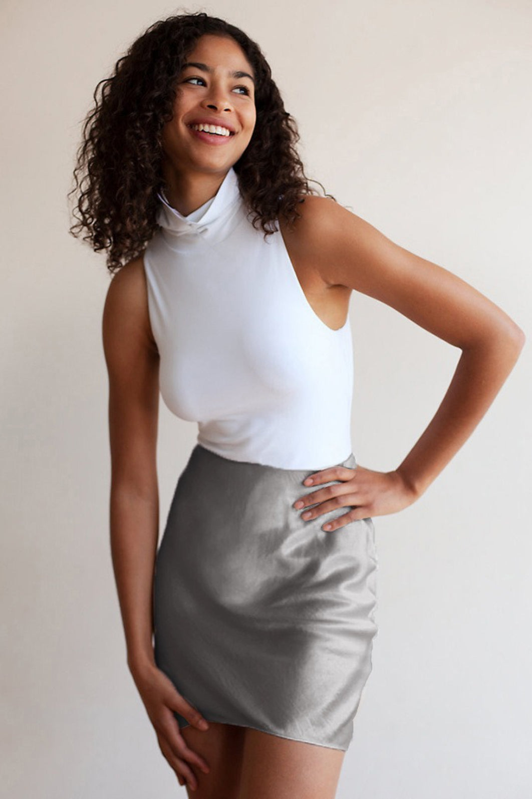 Satin Pleated Denim Mini Skort