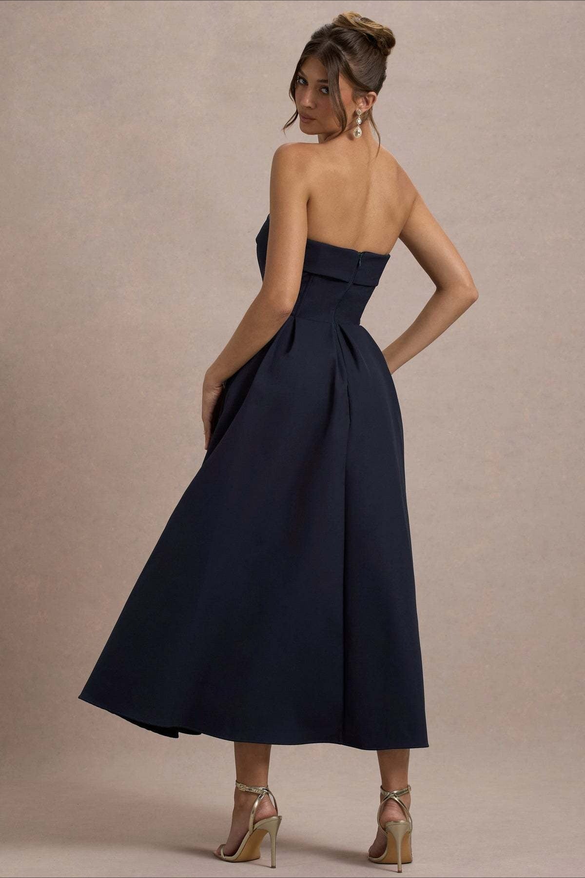 Strapless Fold Over Neck Box Pleat A-Line Midi Cocktail Dress - View 5