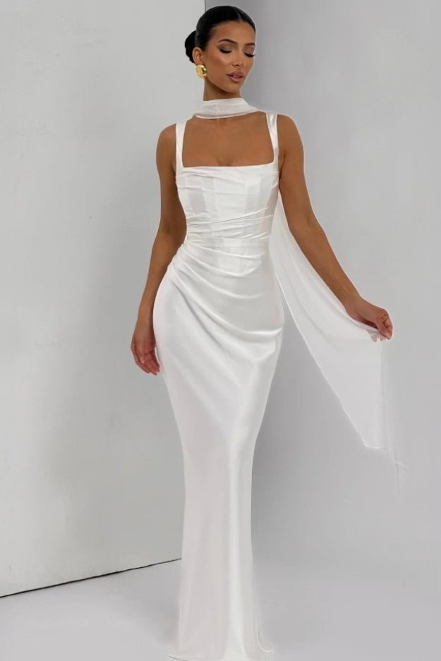 Square Neck Ruched Satin Bodycon Mermaid Dress - View 13