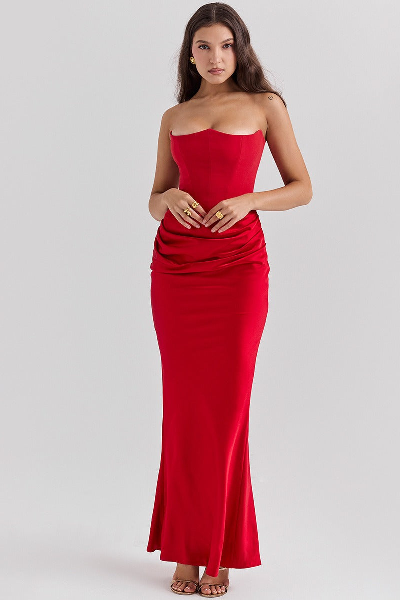 Strapless Corset Draped Satin Mermaid Maxi Gown - View 9