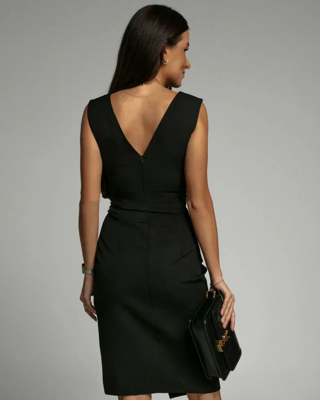 Deep V-Neck Pleated Shoulder Wrap High Split Midi Cocktail Dress - View 6